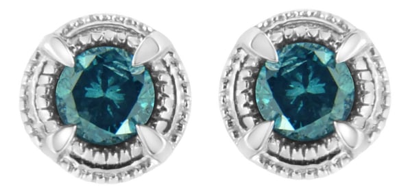 .925 Sterling Silver 1 1/2 cttw Treated Blue Diamond Modern 4-Prong Solitaire Milgrain Stud Earrings