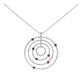 18K White Gold 2 1/6 Cttw Pave Set Diamonds and Red Ruby Openwork Circles 18" Pendant Necklace - Adj