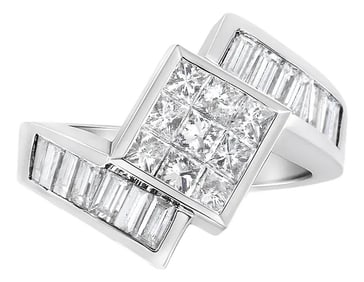 14K White Gold 2 1/5 Cttw Invisible-Set Princess and Channel-Set Baguette Diamond Bypass Kite-Set Ri