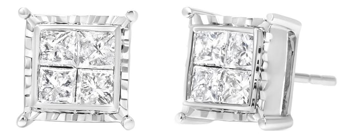 14K White Gold 1 1/2 Cttw Invisible Set Princess-Cut Diamond Contemporary Wavy Quad Stud Earrings (I