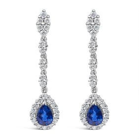 18K White Gold 1 3/5 Cttw Diamond and 7X5 MM Pear Shaped Blue Sapphire 1 1/3 Inch Drop and Dangle Ha