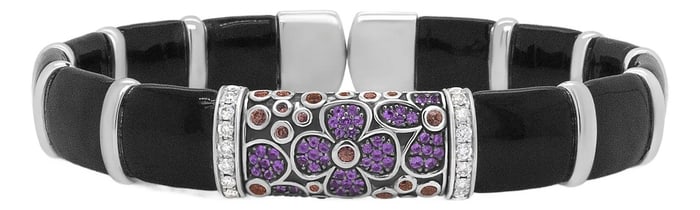 .925 Sterling Silver Black and Brown Enamel 1/3 Cttw Round Diamonds and Pink and Orange Sapphire Gem