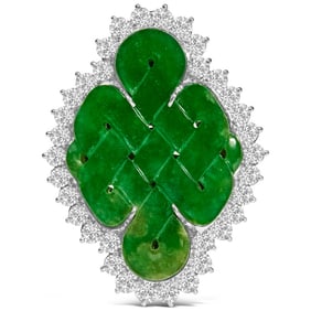 18K White Gold 2.00 Cttw Diamond Halo and Jade Shield Brooch Pin and Pendant (G-H Color, VS1-VS2 Cla