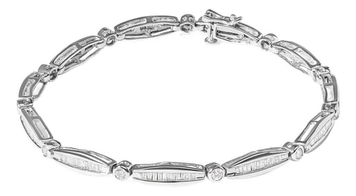 14K White Gold 1-1/2 Cttw Round Brilliant-Cut & Baguette Cut Diamond Bezel and Tapered Link 7" Tenni