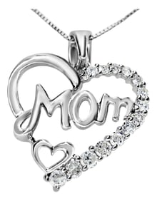 .925 Sterling Silver 1/4 Cttw Round Diamond "Mom" Heart Pendant 18" Necklace (I-J Color, I3 Clarity)