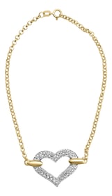10K Two Tone Gold 1/4 Cttw Diamond Encrusted Heart Charm 7" Bracelet (H-I Color, I1-I2 Clarity)