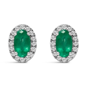 10K White Gold 5x3 MM Oval Green Emerald and Diamond Halo Stud Earrings (I-J Color, I1-I2 Clarity)