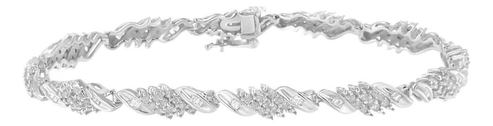 .925 Sterling Silver 1-1/2 Cttw Round and Baguette Cut Diamond Wave Link Bracelet - 7"