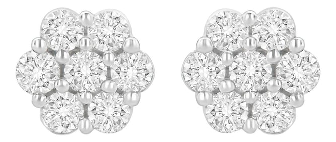 14K White Gold 1 1/2 cttw Prong Set Round-Cut Diamond Floral Cluster Stud Earrings