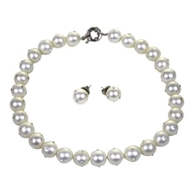 Lustrous Faux Pearl & Cz Diamond Inlay Necklace & Earrings Set - 3 Pieces