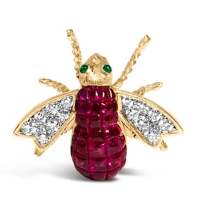 18K Yellow Gold 3/8 Cttw Diamond and 6 3/4 Cttw Red Ruby Bumblebee Brooch Pin (F-G Color, VS2-SI1 Cl