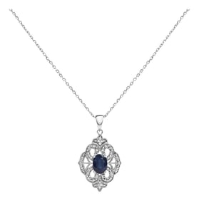 .925 Sterling Silver 7x5 MM Oval Blue Sapphire and Diamond Accent Art Deco Style Shield Shaped 18" P