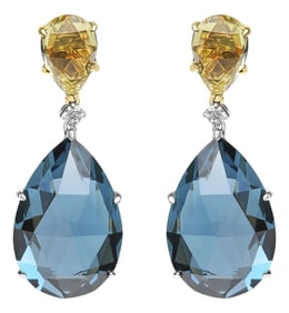 18K White and Yellow Gold 1/5 Cttw Diamond with Pear Cut Lemon Quartz and Pear Cut London Blue Topaz