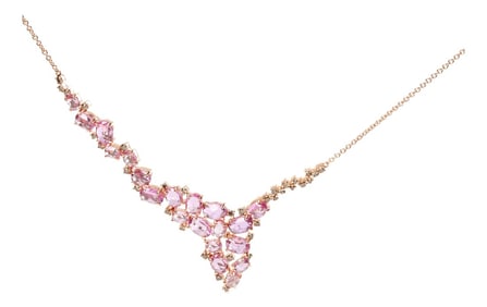 18K Rose Gold 1/2 Cttw Brown Diamond and Multi-Size Oval Pink Sapphire Cluster Cascade Statement Sta