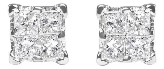 .925 Sterling Silver 1/4 Cttw Invisible Set Princess Diamond Composite Quad Stud Earrings (I-J Color