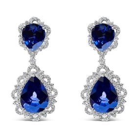 18K White Gold Blue Sapphire and Diamond 2.00 Cttw Diamond Halo Drop and Dangle Earring (G-H Color, 
