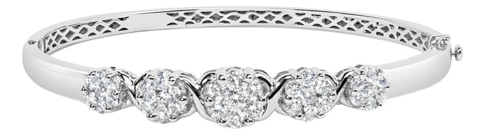 14K White Gold 2 1/2 Cttw Diamond Graduating Floral Cluster Bangle Bracelet - Fits Wrists up to 7.25