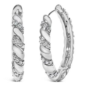 14K White Gold 1 1/5 Cttw Lab Grown Diamond Swirl Design 1" Inch Hoop Earrings (F-G Color, VS1-VS2 C