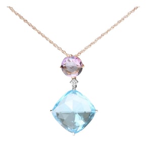 18K White and Rose Gold Round Diamond Accent and Round Rose De France Pink Amethyst and Cushion Cut 