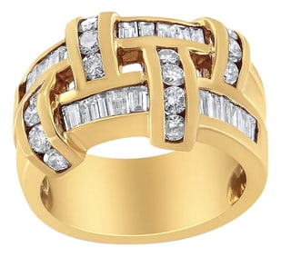 14K Yellow Gold 1 5/8 Cttw Round and Baguette Diamond Lattice Grid Design Ring Band - Ring Size 6