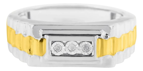 10K Yellow Gold Plated .925 Sterling Silver Diamond Accent Miracle-Set 3 Stone Ridged Band Gentlemen