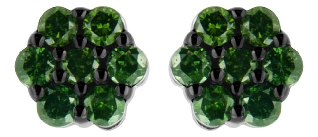 .925 Sterling Silver 1.0 Cttw Prong Set Round-Cut Treated Green Diamond Floral Cluster Stud Earring