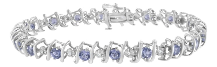 .925 Sterling Silver, Lab-Grown Gemstone and 1/6 Cttw Round Diamond Tennis Bracelet - Created Tanzan
