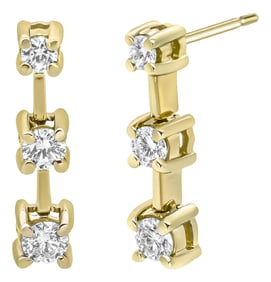 14K Yellow Gold 1/2 Cttw Round Diamond 3 Stone Graduated Linear Drop Past, Present and Future Stud E