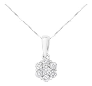14K White Gold 1/2 cttw Prong Set Round-Cut Diamond 7 Stone Floral Cluster 18" Pendant Necklace