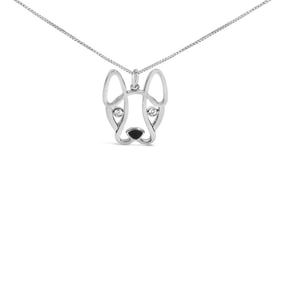 .925 Sterling Silver Diamond Accent and Black Enamel French Bullldog 18" Inch Pendant Necklace inch 