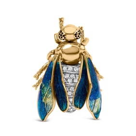 18K Yellow Gold 1/2 Cttw Pave Set Diamond and Blue-Green Enamel Bumblebee Brooch Pin (F-G Color, VS1
