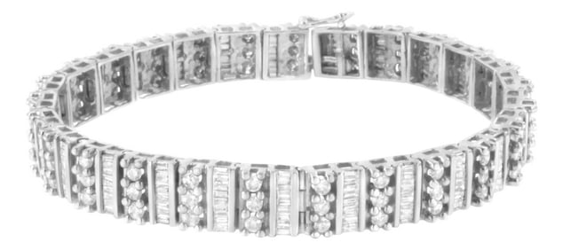 14K White Gold 4 7/8 cttw Baguette & Round Brilliant-Cut Diamond Channel- & Prong-Set Tennis Bracele