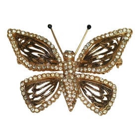 Mid 20th Century Vogue Articulated Gold Plate Enameled Diamante Butterfly Brooch