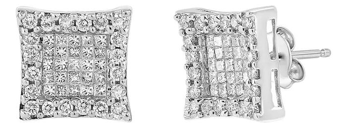 18K White Gold 1.00 Cttw Round and Princess-Cut Diamond Halo Square Stud Earring