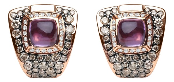 18K Rose Gold 1 1/2 Cttw Round Diamond and 7mm Cushion Cut Purple Amethyst Gemstone Geometrical Stat