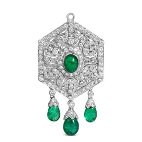 18K 2 3/4 Cttw Diamond and Emerald Dangle Art Deco Shield Brooch Pin Pendant (G-H Color, VS1-VS2 Cla