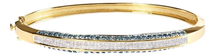 14K Yellow Gold 2.0 Cttw Treated Blue and White Diamond Bangle Bracelet - Size 7