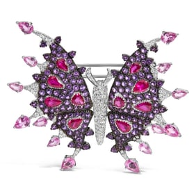 18K White Gold 1.00 Cttw Diamond, Ruby Sapphire, and Amethyst Mixed Gemstone Butterfly Brooch Pin (G