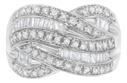 .925 Sterling Silver 1.0 Cttw Channel Set Alternating Round and Baguette Diamond Cross-over Bypass R