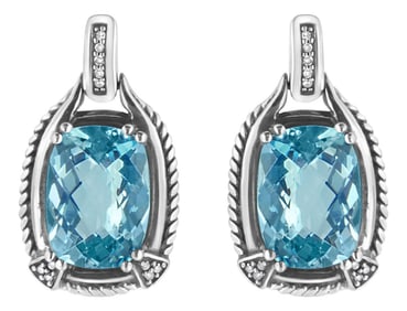 .925 Sterling Silver 14x10MM Cushion Cut Blue Topaz Gemstone and Diamond Accent Dangle Earring