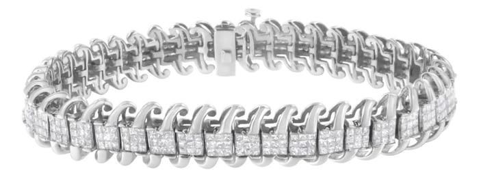 14K White Gold 5.0 Cttw Princess Cut Diamond 7" Invisible Set Wavy S-Link Tennis Bracelet