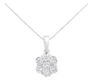 14K White Gold 1 cttw Brilliant Round-Cut Diamond 7 Stone Flower 18" Pendant Necklace