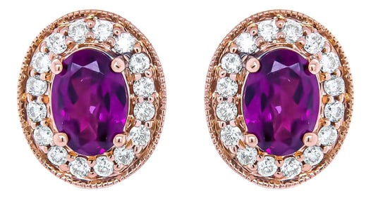 14K Rose Gold 7x5mm Oval Cut Garnet and 3/8 Cttw Round Diamond Halo Stud Earrings