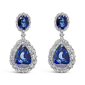 18K White Gold Blue Sapphire 2 3/4 Cttw Diamond Halo Drop Dangle Earring (G-H Color, SI1-SI2 Clarity