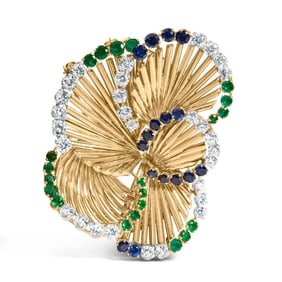 18K Yellow Gold 2 1/3 Cttw Diamond, Sapphire, and Emerald Sculpted Petal Brooch Pin (G-H Color, VS1-