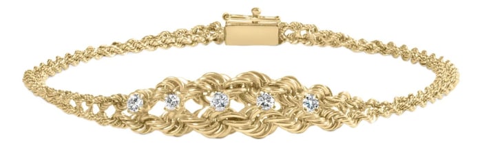10K Yellow Gold 1/4 Cttw Round-Cut Diamond Basket Weave Rope Chain Style 7" Bracelet (H-I Color, I1-