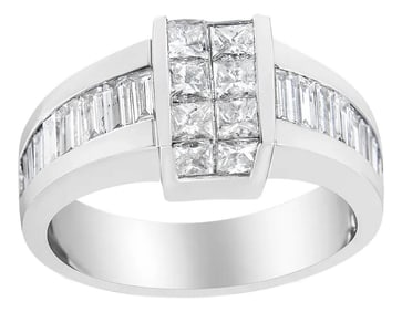 14K White Gold 2 3/4 Cttw Invisible-Set Princess and Channel-Set Baguette Diamond Step Up Cocktail R