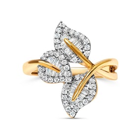 18K Yellow Gold Plated .925 Sterling Silver 1/2 Cttw Baguette and Round Diamond Bypass Triple Leaf R