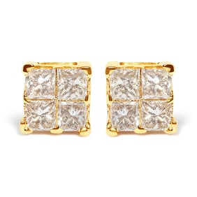14K Yellow Gold 3/4 Cttw Invisible Set Princess-Cut Diamond 4 Stone Square Stud Earrings (J-K Color,