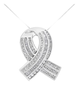 14K White Gold 2 5/8 Cttw Channel Set Round and Baguette Diamond Awareness Ribbon Pendant - Chain No